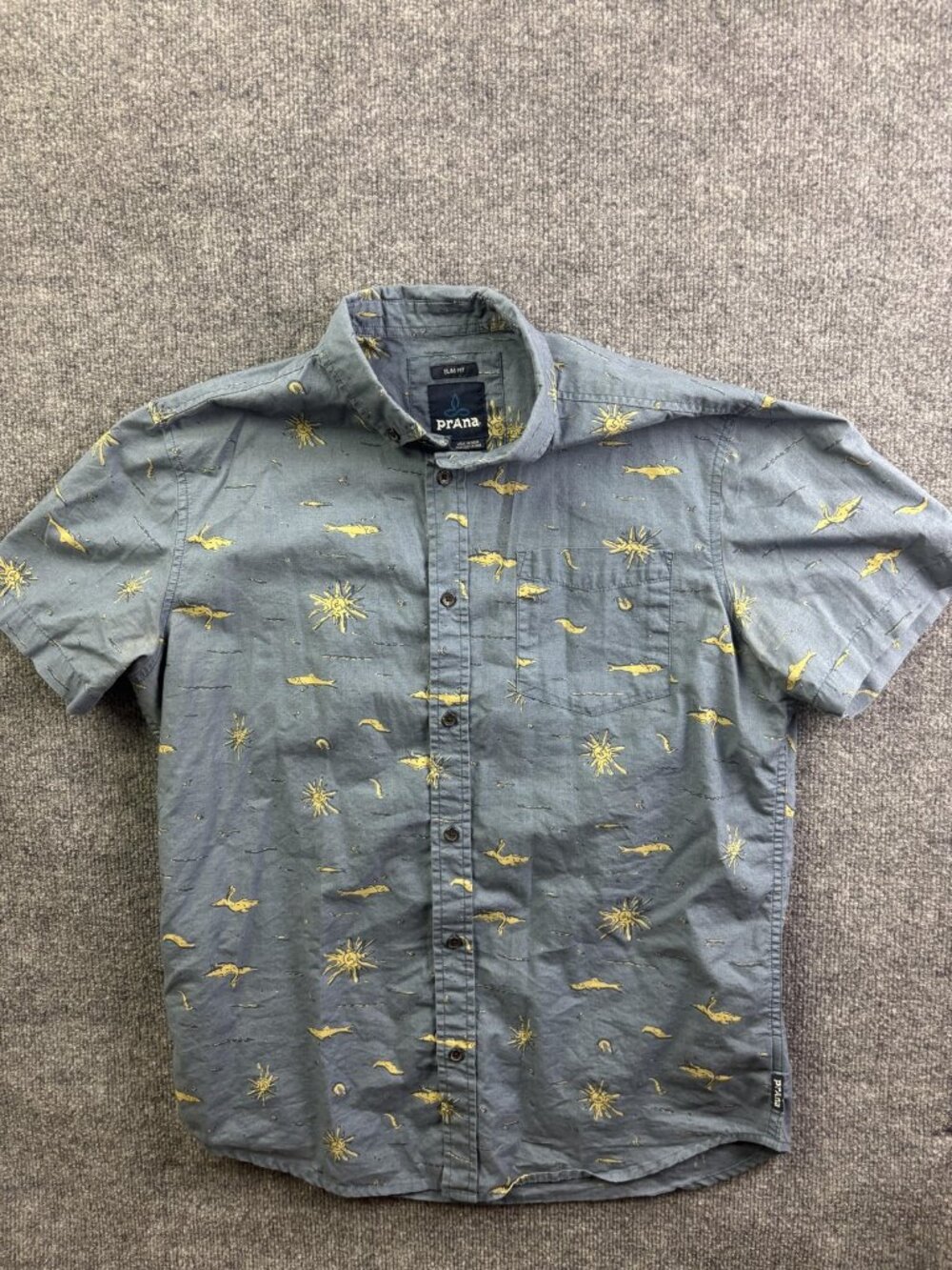 PrAna Shirt Mens Medium Blue Nautical Graphic Short Sleeve Button Front Slim Fit